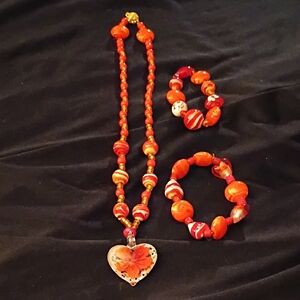 Handcrafted Orange Heart Pendant Necklace with Matching Bracelets